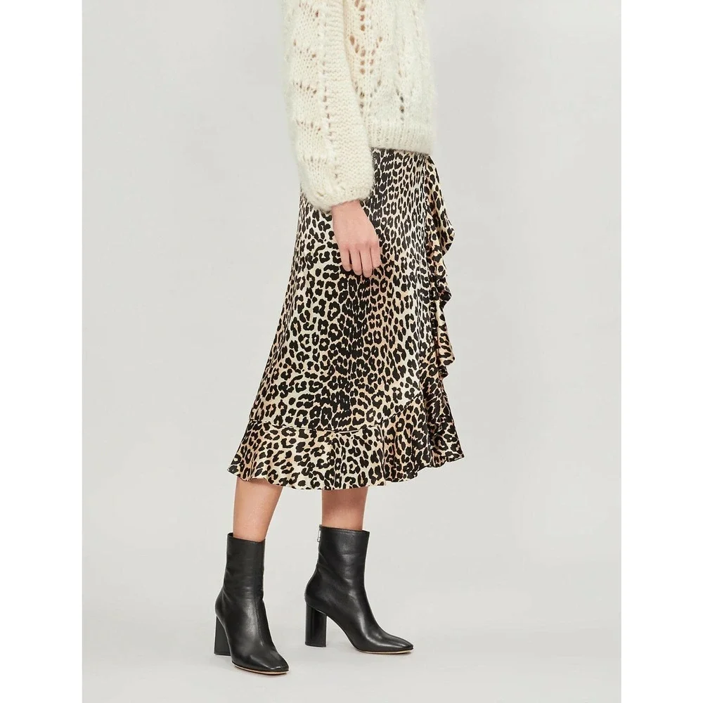 NWT GANNI‎ Leopard Print Satin Midi Skirt Size EU 40/ US 8 $295